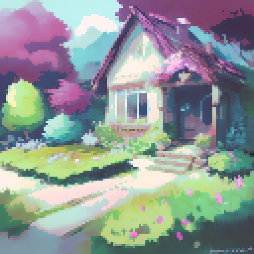 Cute cottage-core garden outside of a little witchy bungalow, shrouded in ivy and lost inside a dense forest