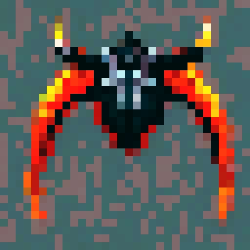 Horned, fiery demon hunter helmet with intricate engravings, glowing red eyes, and smoke billowing from the nostril-like vents, rendered in 32x32 pixel art for use as a game asset