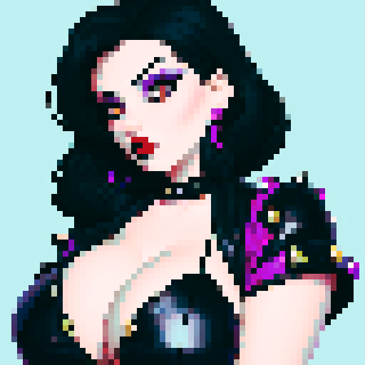 curvy, busty goth, cute goth woman's face, black hair, purple eyeshadow, red lipstick, studded leather string bikini, face portrait, beauty photo, vibrant sRGB colors, pixel art