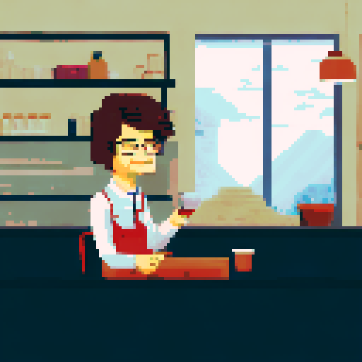 A male hitman dressed in unassuming fashionable clothing standing in a quiet coffee shop observing a day-dreaming female barista who is leaning over the counter and reading an erotic novel