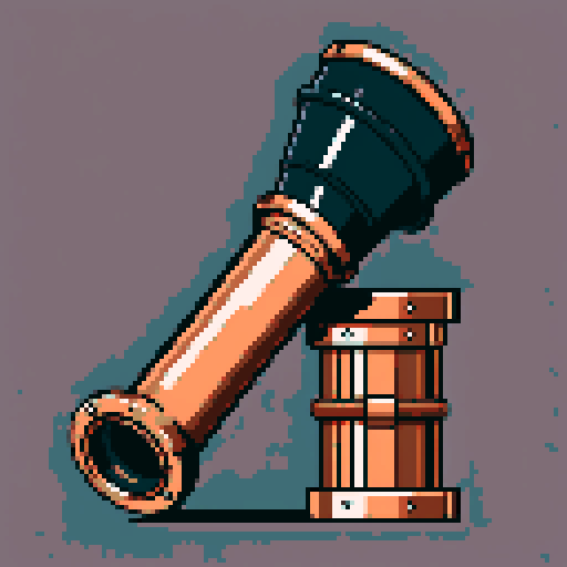 I want a tall vertical copper pipe that looks like a cannon barrel. I want this object usable an asset in a videogame, meaning only one object per image, outlined with a strong black stroke, on a solid-color background.