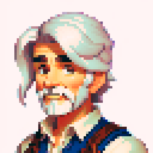 A Stardew valley style portrait for an NPC store owner character from the chest up. He is an older man with white hair in a ponytail,a navy and white aproned outfit, and brown eyes.