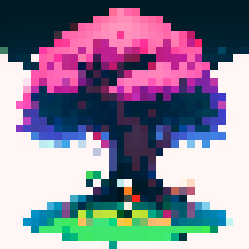 Tree, rendered in vibrant pixel art for a game asset in an earthbound style, png, white background, black outline