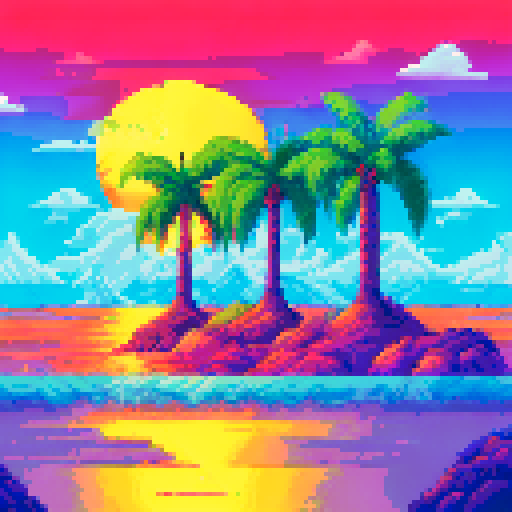 vibrant, 16-bit, Sega Genesis style palm trees swaying on a vaporwave beach with a golden sunset casting sRGB colors over the water