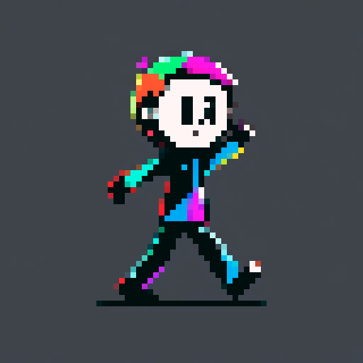 Stick figure dancing with joy, vibrant colors, exaggerated movements, no background