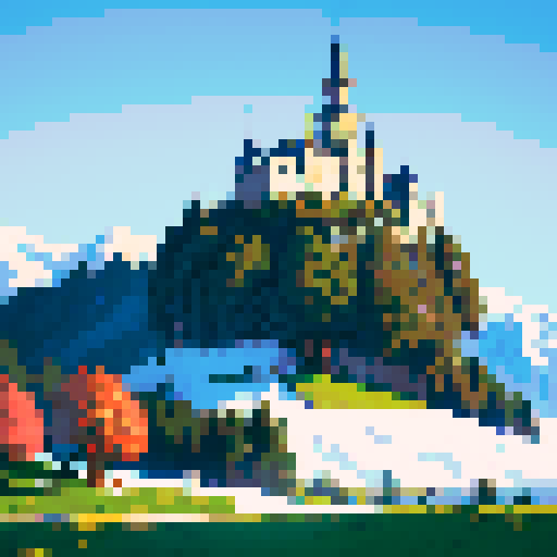 Knight sleeping under a tree while a castle sits in the background. Snow-capped hills. All rendered in a vibrant, pixelated art style on an sRGB background