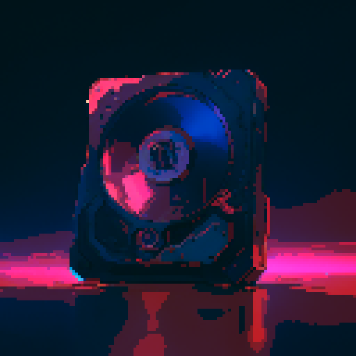 Futuristic hard drive, glowing neon circuitry, metallic casing, pixelated digital display, sRGB color palette, retro pixel art
