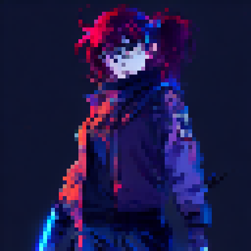 waifu, glasses , red hair , anime style, full body, with sword, blue and black neon background