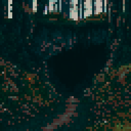 Dark, ominous cave entrance, surrounded by a pitch-black landscape, with a pixel art style portraying the mystique and danger of the unknown