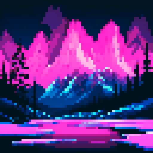 dramatic  northern lights reflected in a frozen river between high mountains over icy tundra and pines neon blue and pink with dark colors too