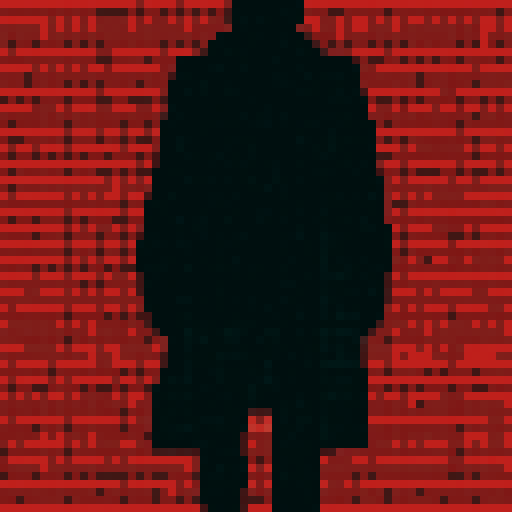 dark male figure, shadow, trenchcoat, red background, pixel art, 