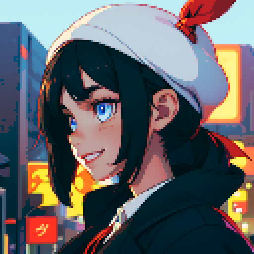 Night city street light background, profile picture, young girl, smile, rounded face, blue eyes, short black hair, white shirt, beige hat, red neck ribbon, facing directly