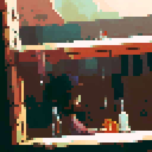 boy with long hair, hat on, bottle next to him, unbothered, mirror reflecting party behind him, pixel art