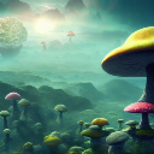 Interdimensional rare bird creature perched atop a mushroom in a surreal wonderland landscape, surrounded by holographic alien planets and the matrix, all while contemplating the concept of time and space within a hyper-detailed, 8K cinematic scene with a blurred foreground.