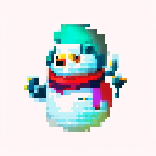"pixel art snowman made of two balls, wearing a vibrant red scarf, using a retro-inspired 8-bit art style."