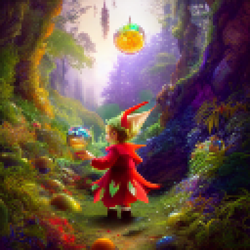 A mischievous elf, with spiky hair and a sly grin, holds a glowing crystal ball in a whimsical forest scene, painted in a colorful, impressionist style.