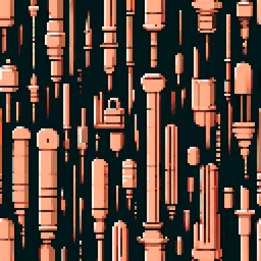 I want a tall vertical copper structure reminiscent of a organ pipe. It should have strange mechanical details that could interlock with each other. I also want this object usable an asset in a videogame, meaning only one object per image, outlined with a strong black stroke, on a solid-color background.