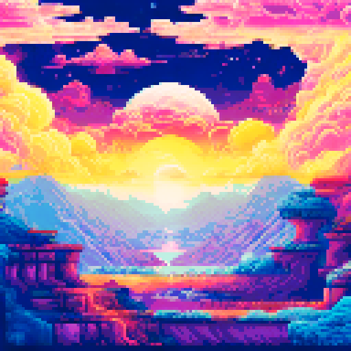 Celestial skywalk, swirling planets, distant moons, shimmering stars, streaking meteors, radiant suns, ethereal nebula, colorful clouds, sRGB, pixel art, vibrant background, night time landscape