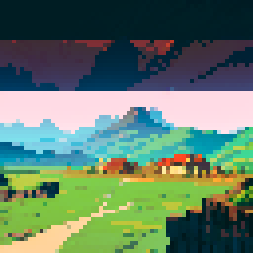 pixel art, wooden buildings, small village, palisades, desert, lava stricken rocky mountains, ocean, grasslands, sRGB
