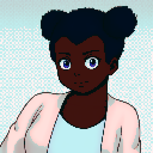 Teenage black girl with navy blue hair and purple eyes