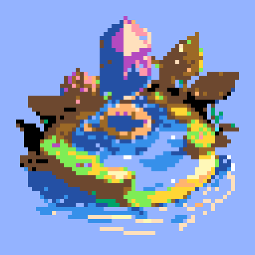 yellow duck in a pond, surrounded by lush greenery and reflecting sunlight in a serene pond with shimmering ripples and pixelated waves, creating a tranquil atmosphere in a picturesque landscape with vibrant colors using intricate pixel art in the sRGB palette