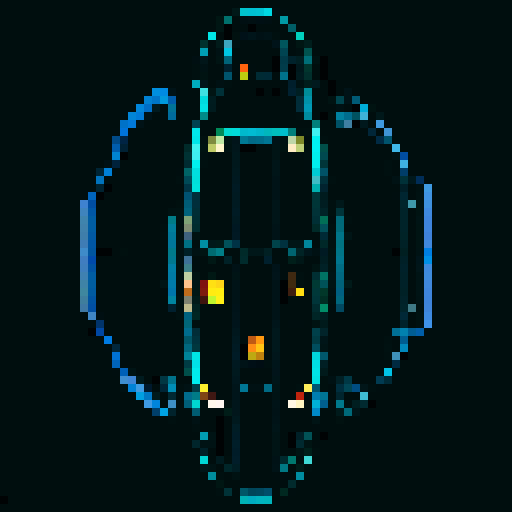 Spaceship, sleek design, metallic exterior, retro aesthetic, pixelated details,blinking lights, computer screens, wireframe outlines, geometric shapes, low-resolution textures, vibrant pixel art style, sRGB color space
View from above
