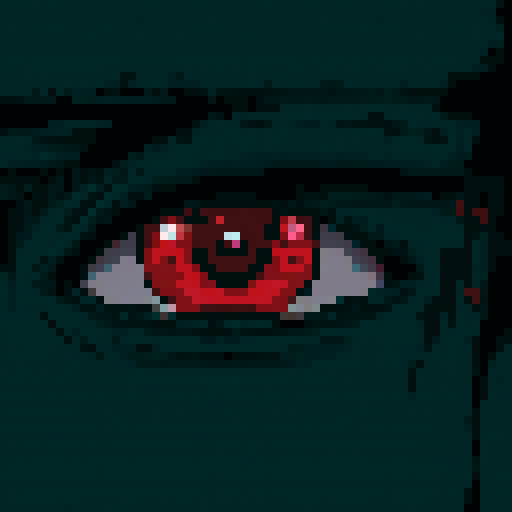 crimson Uchiha eyes radiating an intense red glow, mysterious black aura, pixel art, sRGB, enchanting RPG, fantastical visuals, pixelated landscape