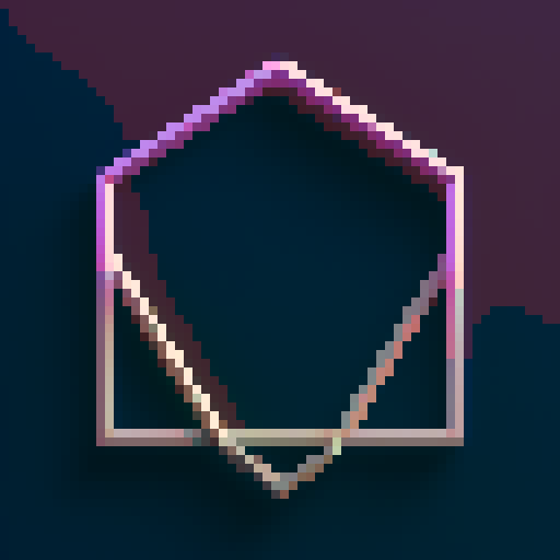 relic with two triangles, two circles below, black and white, purple glow, pixel art