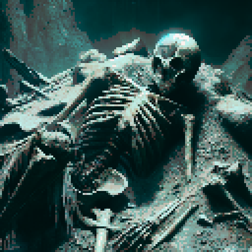 Dead character, adorned in rusty, battle-worn armor, lying amidst the eerie shadows of a menacing dungeon, surrounded by ancient bones and remnants of a forgotten fantasy RPG world