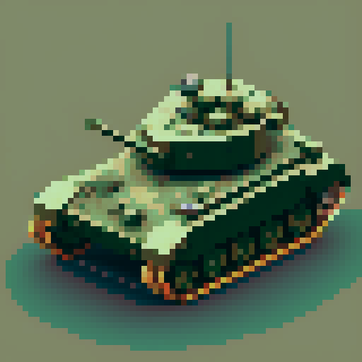 top-down pixel art sprite, World War II army tank, bird's eye view, sleek olive green body, rugged tank treads, rotating turret, menacing barrel, pixel art, sRGB, flat