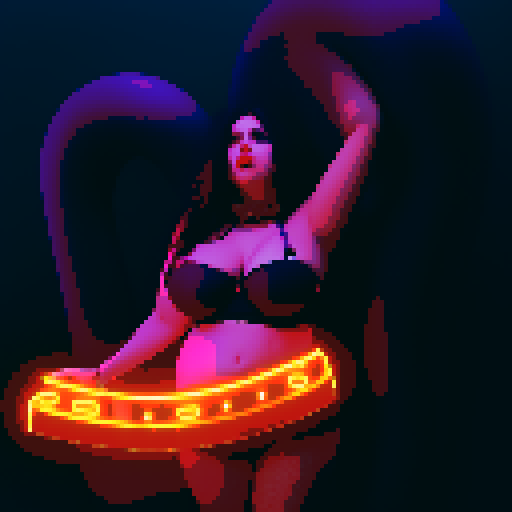 Thicc, curvy, busty goth babe with studded collar, long purple hair in buns, fishnet stockings, studded halter top, posing in neon bar for photo. neon signage, sRGB