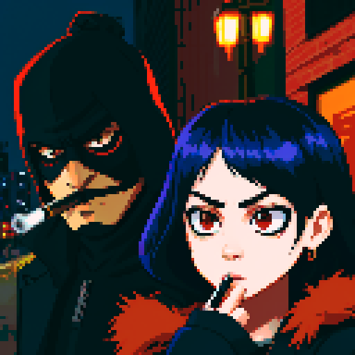 Girl on the right smoking a cigarette, guy on the left holding a gun with a black mask covering half his face showing only his eyes, gritty, rainy, nighttime, downtown
