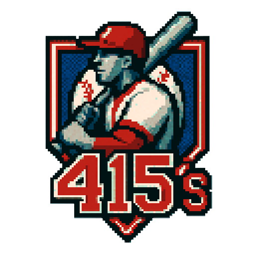 Pixel art of a fictional baseball team called the 415's. It is a reference to the area code. Red, white and gray, sharp outlines, and soft pixel shading. The logo design mimics 80s MLB logos. Use a vibrant Sega Genesis 16-bit style with selective dithering, geometric forms, and nostalgic retro charm. Avoid modern gradients—keep it pure pixel art.