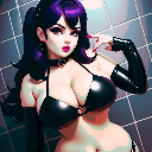 curvy, busty goth girl, close up face glamour shot, leather bikini, modern tile backsplash, vivid colors, pixel art, sRGB