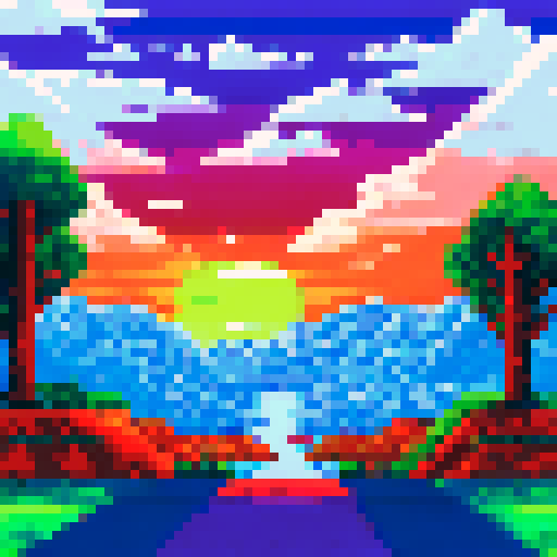 8-bit winter background with lots of sky with colour #29B5E8. Mountains, trees and snow.