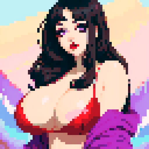 curvy, cute, goth girl,  black hair, purple eyeshadow, red lipstick, Bikini. Nude glamour shot.