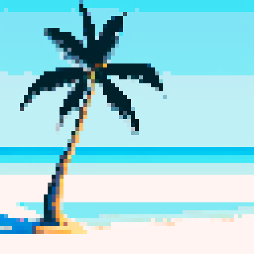 A black and white palm tree on a beach.
