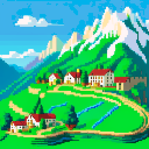 pixel art mountain ridge with snow-capped peaks, quaint houses nestled in the valley, rows of grapevines stretching towards the horizon, vibrant green fields, blooming flowers, soft sunlight casting warm hues on the landscape