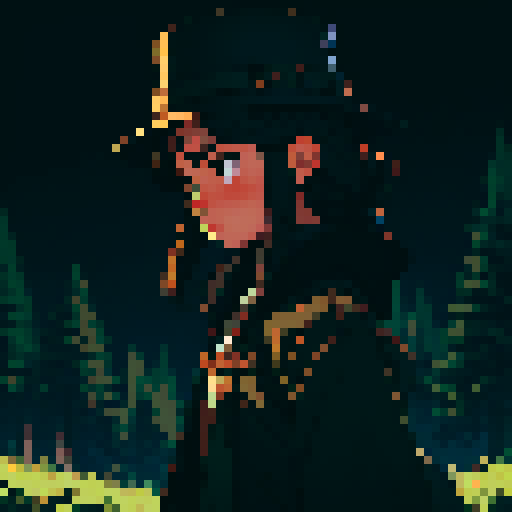 Dark night time in the forest background, dark background, profile picture, teen girl, rounded face, no eyebrow, black eyes, short black hair, brown coat, brown hat, small chest