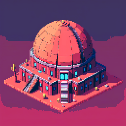 a single building in the style of planet Mars, with colors used fro pallet ARNE 32
