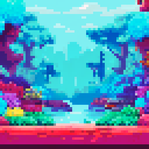 Two people standing in front of aquarium, vibrant coral, colorful fish, flowing water, bubbling air stones, pixelated rocks, serene background, lush greenery, underwater landscape