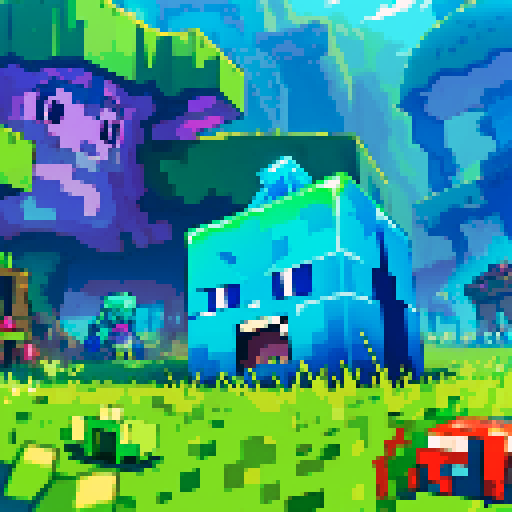 Blue Slime cube, Gelatinous cube, giant Slime, boss fight, grasslands, terraria, minecraft