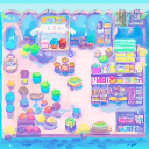 Convenience store checkout, colorful snacks, vibrant sodas, flickering neon lights, landscape portrait