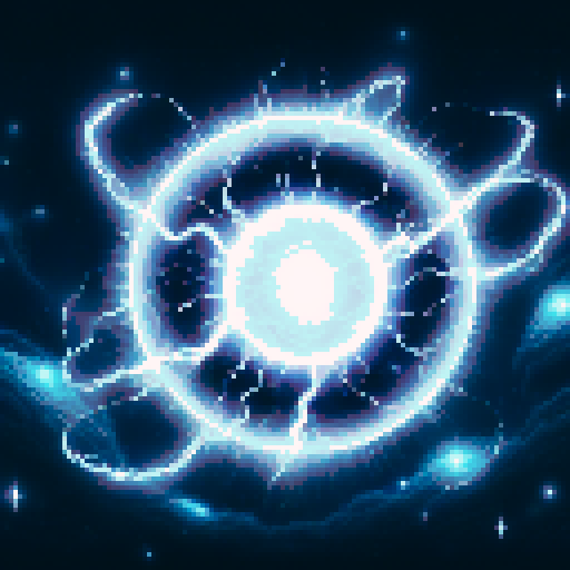 white, glowing, magical, electric orb, floating in space, wide image, sRGB, pixel art, background, landscape