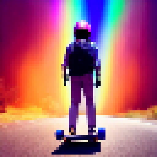 Rainbow-hued Joe Biden, rocking a helmet, cruising down a neon-lit street on a skateboard.
