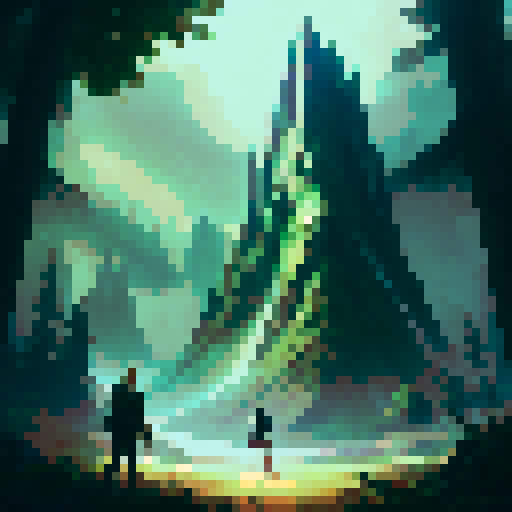 A brave adventurer stands at the center of the enchanted forest, wielding their iconic sword and shield Their determined gaze reveals their courage as they prepare to face their next challenge A mysterious cave entrance looms behind them, while towering trees create a lush green canopy overhead In the distance, a majestic mountain rises, all in a stunning anime style