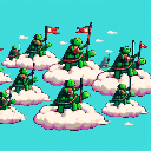Gather the army of pixelated turtles on clouds.