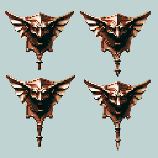 simple, geometrical pieces copper from old door knocker and gargoyles. Steampunk. It should be seen as if on a wall, with no perspective, on a solid-color background. There should one be two or three pieces in each frame, it shouldn't be complete.