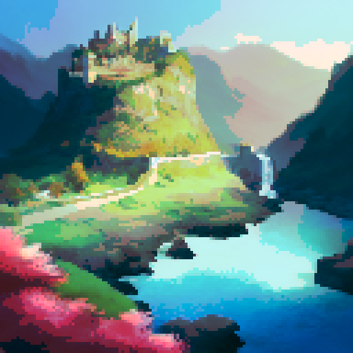 Majestic castle perched on a rocky cliff, surrounded by lush greenery and cascading waterfalls, with a vibrant sunset painting the sky in hues of gold and crimson, all captured in a landscape portrait style