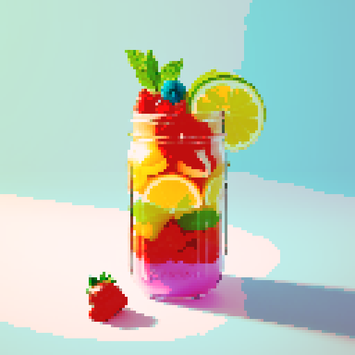 rainbow drink in mason jar with fruits, white background